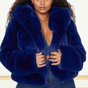 Blue Cropped Faux Fur Hooded Coat